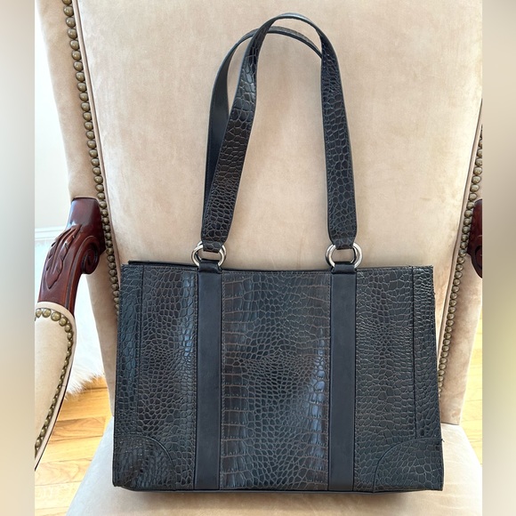 Coldwater Creek Faux Leather Croc Tote Bag in Very Dark Brown - Picture 7 of 12